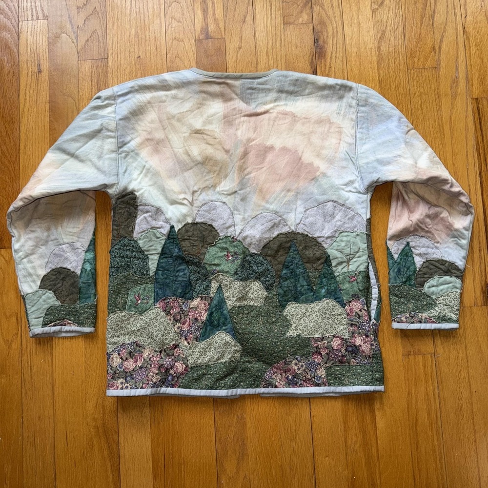 Vintage Jacket Multicolor Quilted Landscape Art To Wear Floral Cottagecore M* - Picture 2 of 11